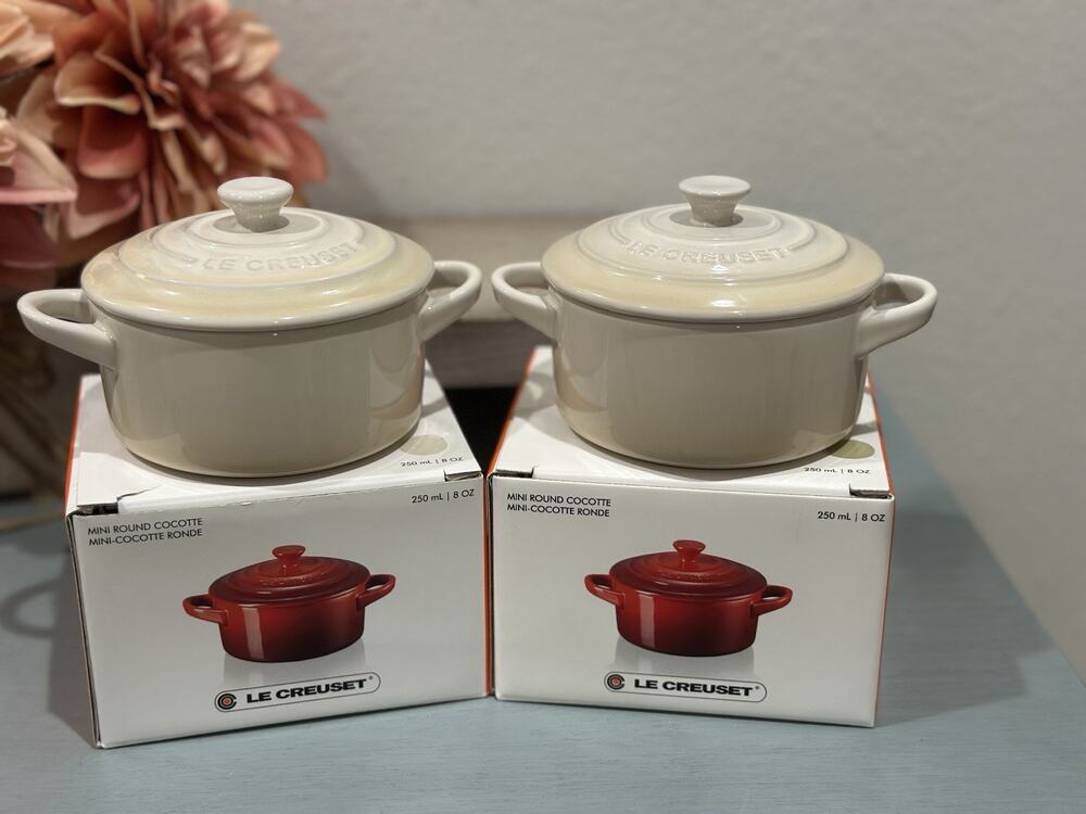 2 Le Creuset Stoneware Mini Cocotte W/Lid 10cm / 8oz ~ DUNE NIB